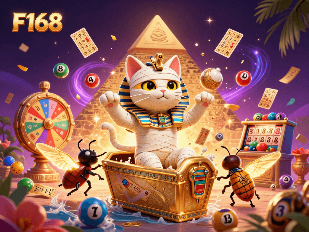 Experience thrilling gaming with F168 as a mummy cat bursts from a sarcophagus in a vibrant casino.
