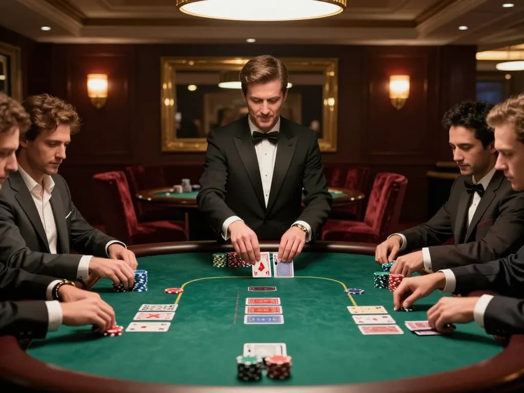 RR88 players engaging at a high-stakes poker table with focused attention on their cards.