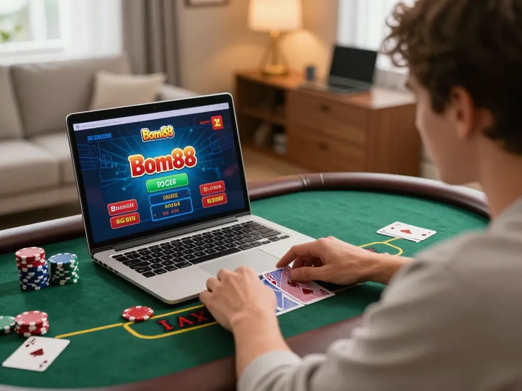 Pemain BOM88 sedang merencanakan strategi di rumah dengan laptop untuk permainan kasino online.