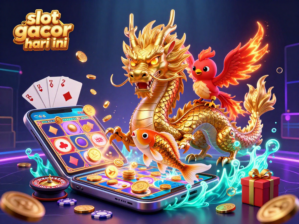 Experience the excitement of slot gacor hari ini with a vibrant 3D illustration of dragons and games.