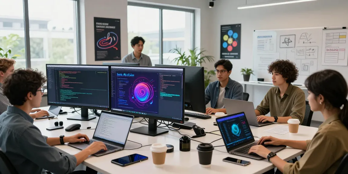 Collaborative team in a modern tech workspace developing spicy AI applications with vibrant UI designs.
