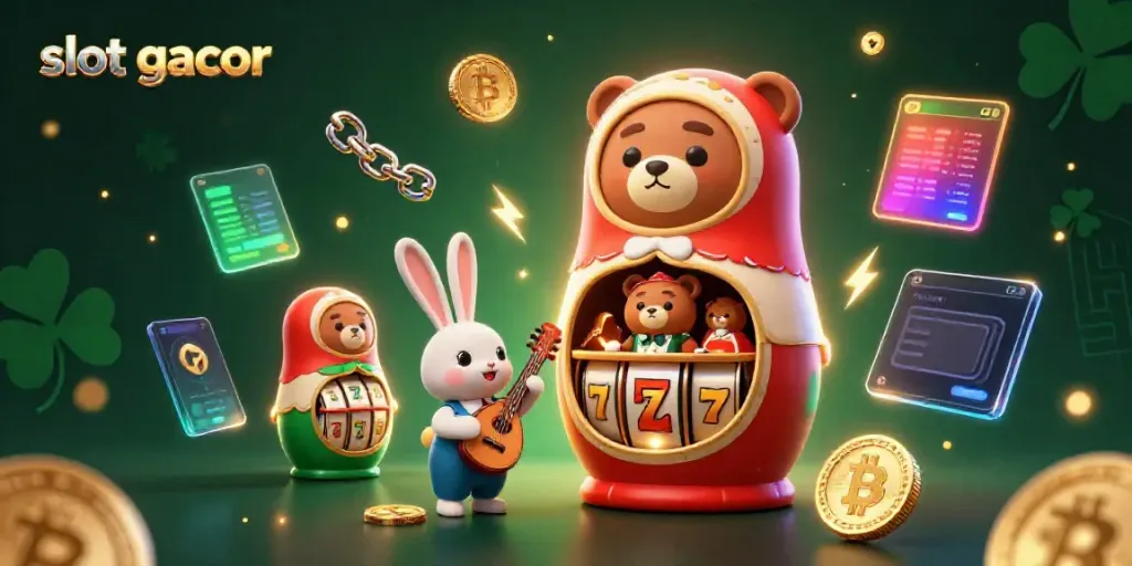 Spin the slot gacor reels with 3D cartoon bears and vibrant casino elements.