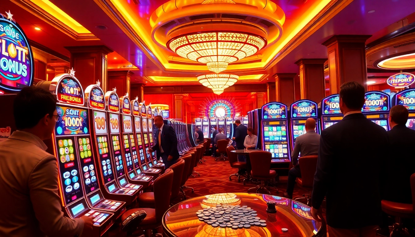 Players enjoying slot machines with a promotion for slot bonus new member 100% in a luxurious casino.