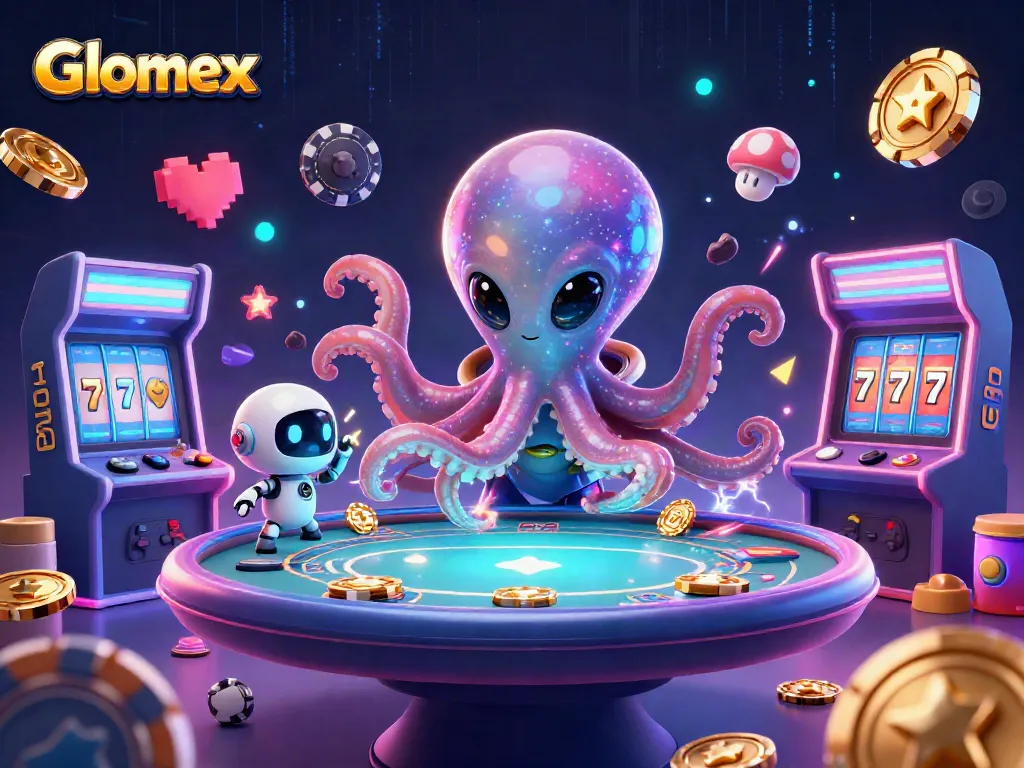 Engage with Glomex in this dynamic casino scene featuring alien poker excitement and vibrant gaming elements.