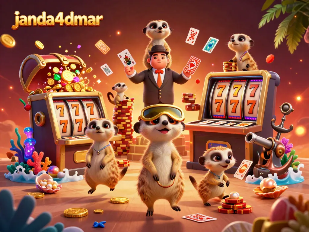 Merekam aksi seru janda4dmar, koloni meerkat 3D di kasino dengan elemen permainan seperti gulungan slot dan koin emas.