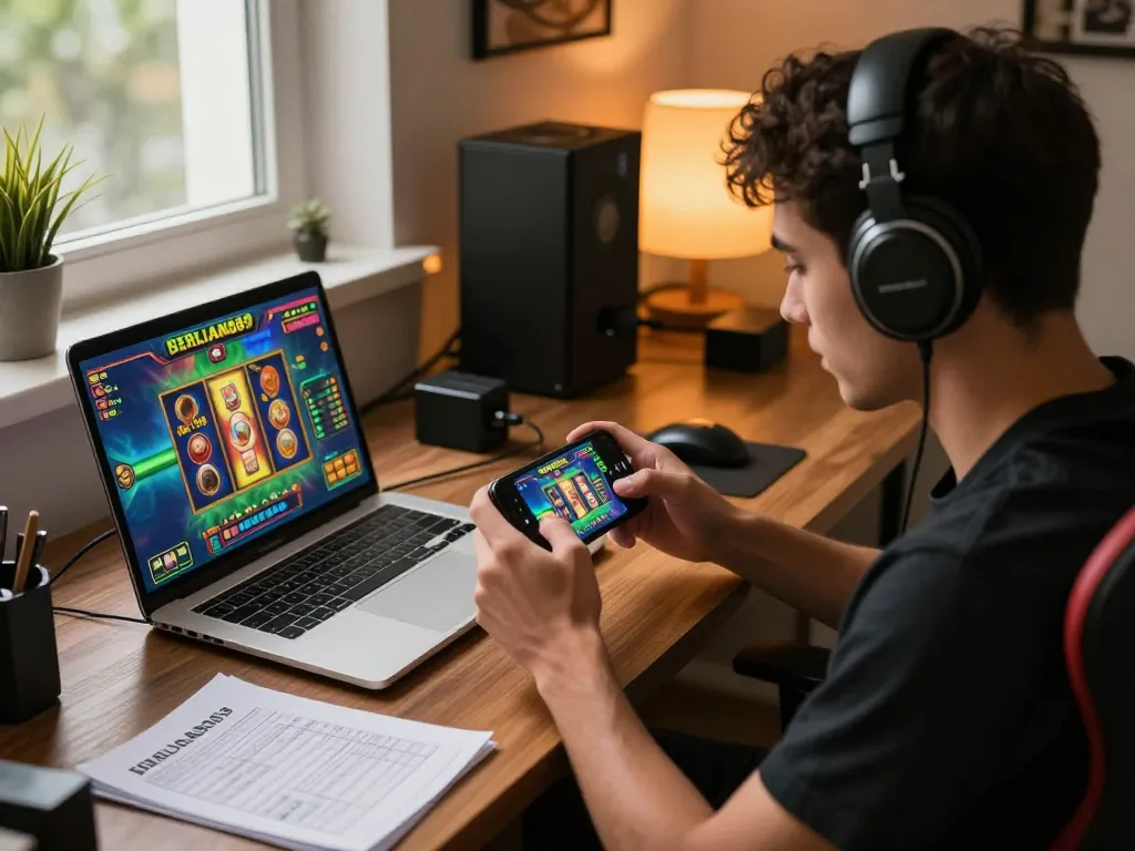 Engaging gameplay of BERLIAN889 Slot on smartphone in a stylish home setting