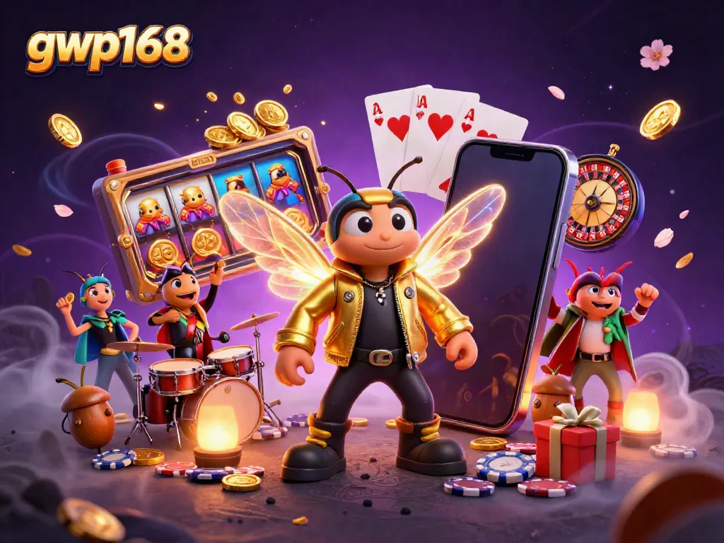 GWP168 menghadirkan ilustrasi seni digital 3D yang dinamis dengan cicada rock star dan elemen permainan kasino.