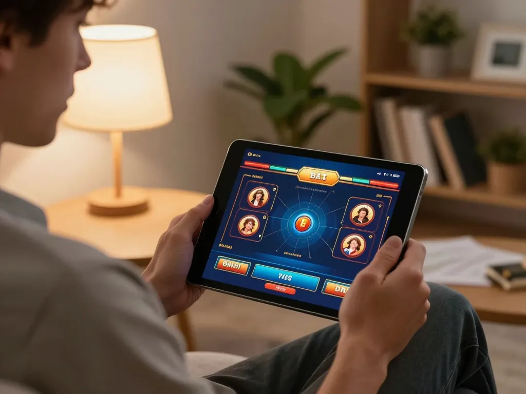 Player engaging with Vin88 casino app in a cozy home setting, showcasing strategic betting.