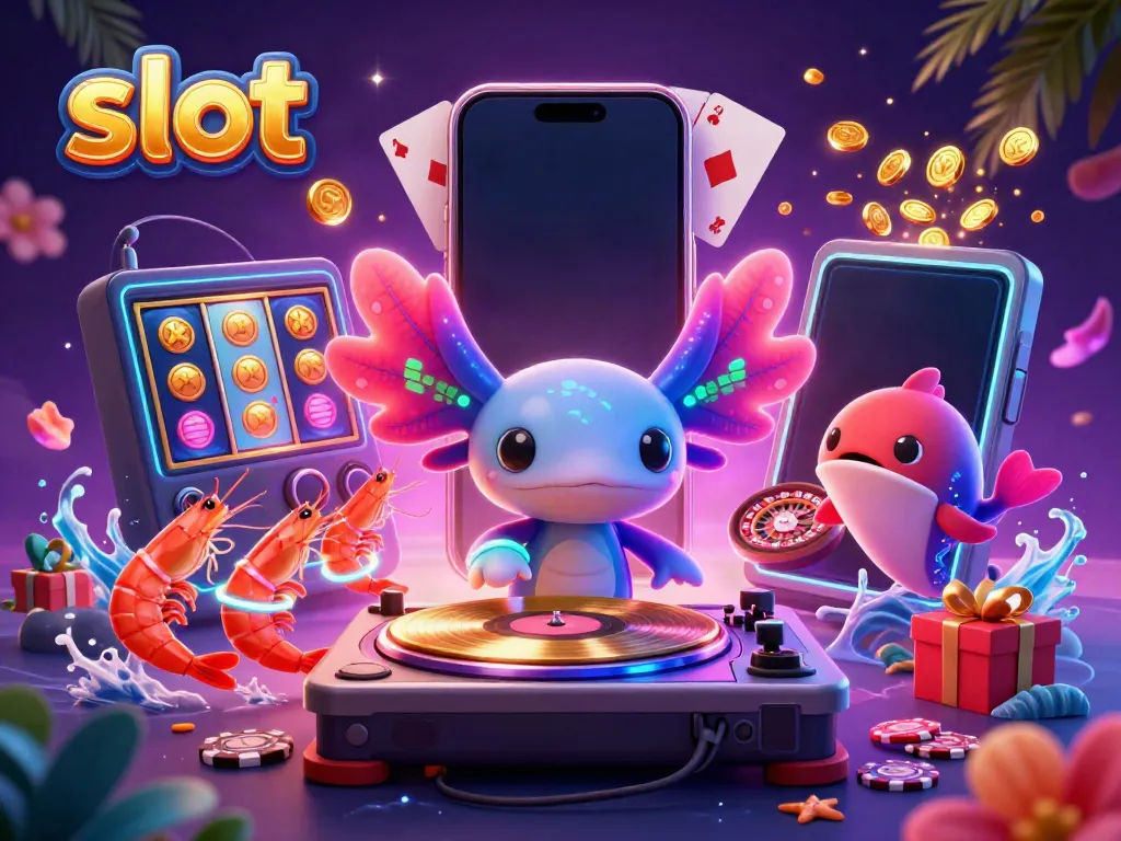 Slot yang berwarna-warni dengan DJ axolotl, simbol jackpot, dan gaya pesta, menambah keasyikan permainan kasino.