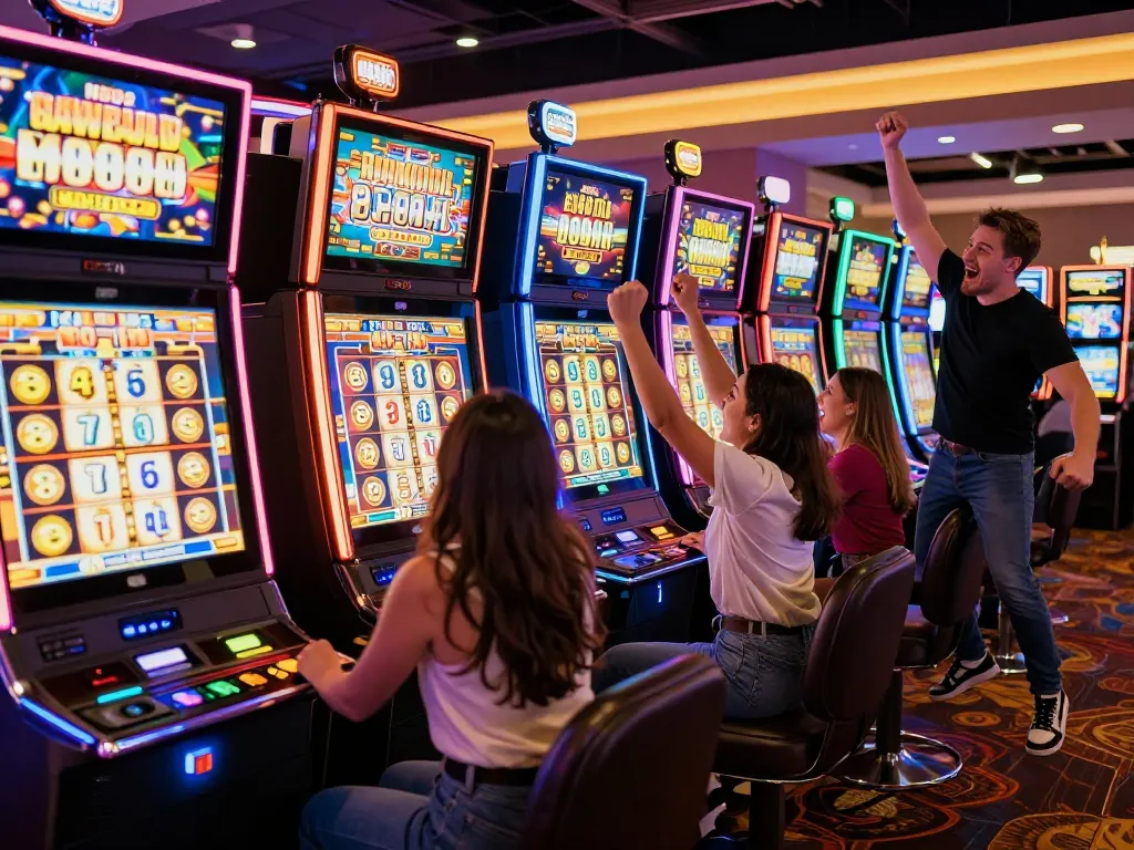 Engaged players celebrating a win on slot gacor machines in a lively casino atmosphere