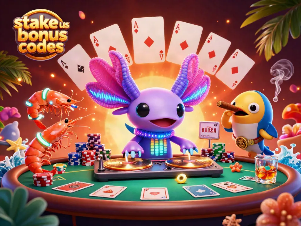 Spin to win with stake us bonus codes amidst vibrant casino creatures and colorful poker elements.