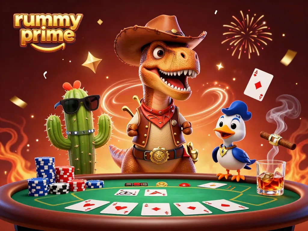 Engage in thrilling online gameplay with Rummy Prime, featuring dynamic character interaction and vibrant casino elements.