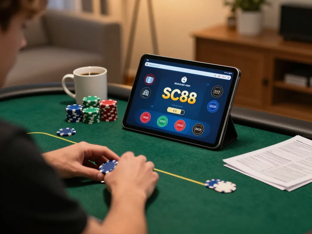Player engaged in SC88 online poker game with tablet, vibrant chips on table.