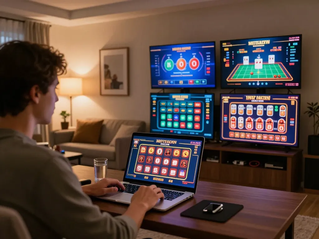 Playing เล่นzood24 on a laptop with multiple casino games visible, highlighting strategic analysis in a cozy home setting.