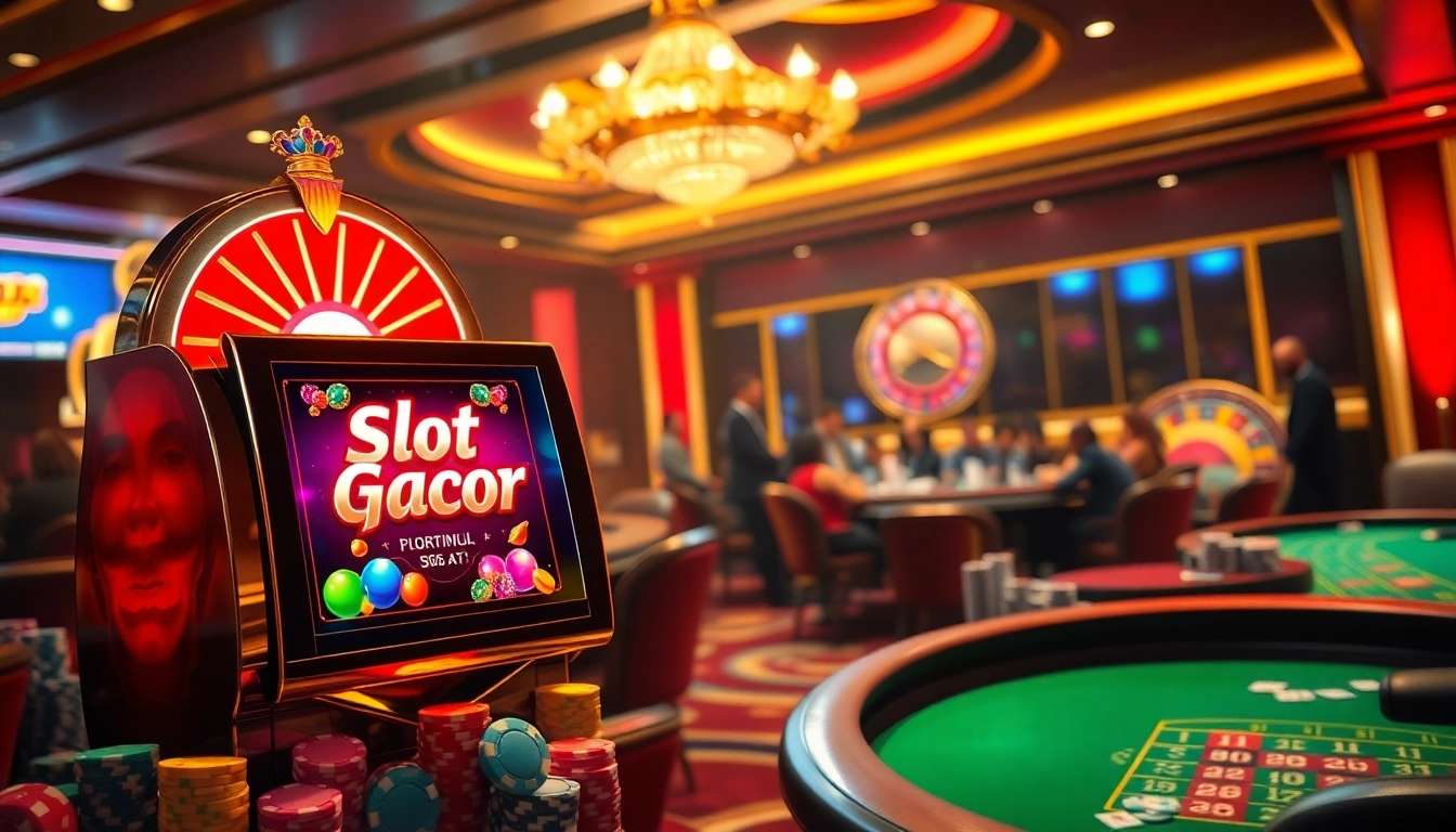 Exciting Slot Gacor game on a luxurious casino slot machine surrounded by colorful poker chips.
