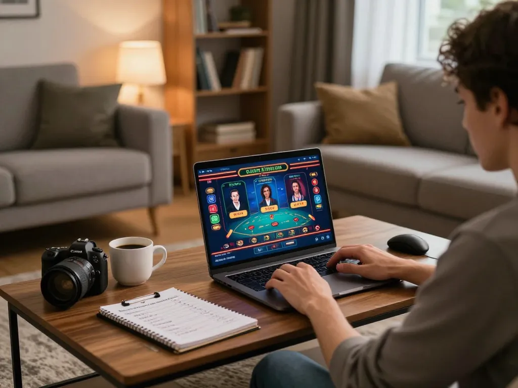 Player enjoying an immersive online betting experience with xo88 in a cozy home setting, strategizing over colorful casino graphics.