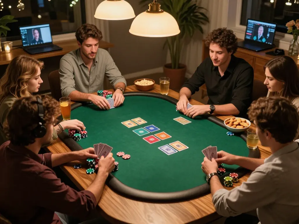Players engaging in a strategic poker game at home, showcasing tg88's friendly competition atmosphere.