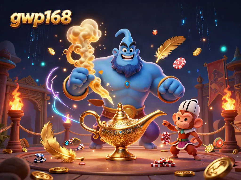 Mengakses gwp168 dengan cara seru saat bermain kasino dengan ilustrasi genie kuat dan koin emas.