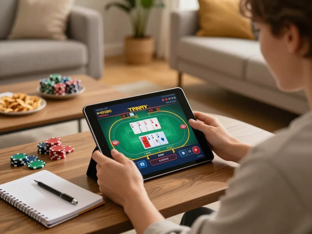 Engaging moments at HITCLUB as a player enjoys online poker on a tablet in a cozy living room.