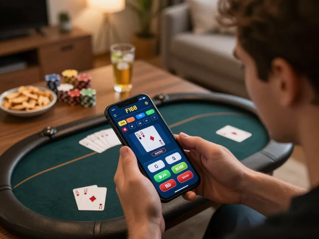 Player engaged in online poker on F168 app, showcasing cards and a cozy home setup.
