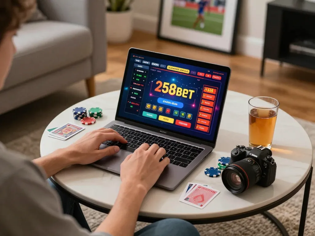 Playing thrilling games at 258bet online casino on a laptop in a cozy living room.