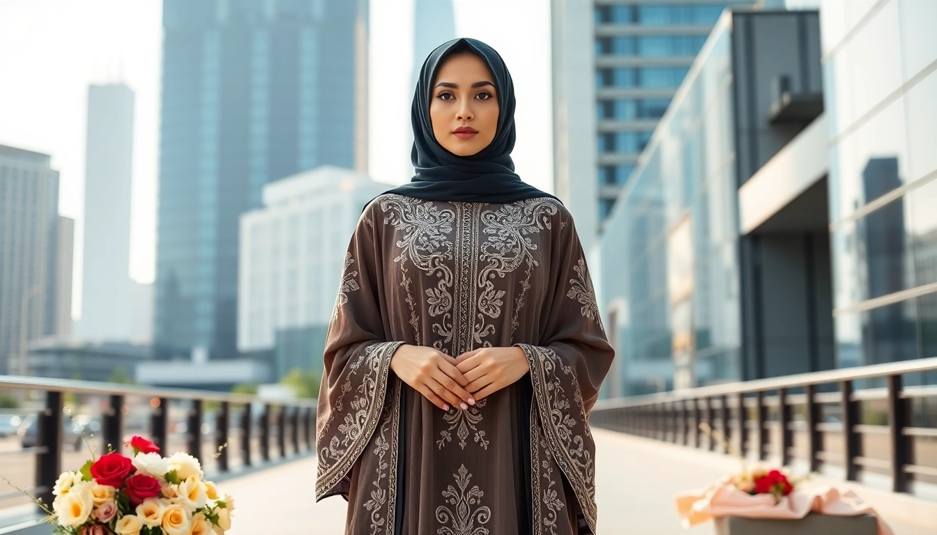 Elegant Abaya manufacturer garment worn by a model in a cityscape.