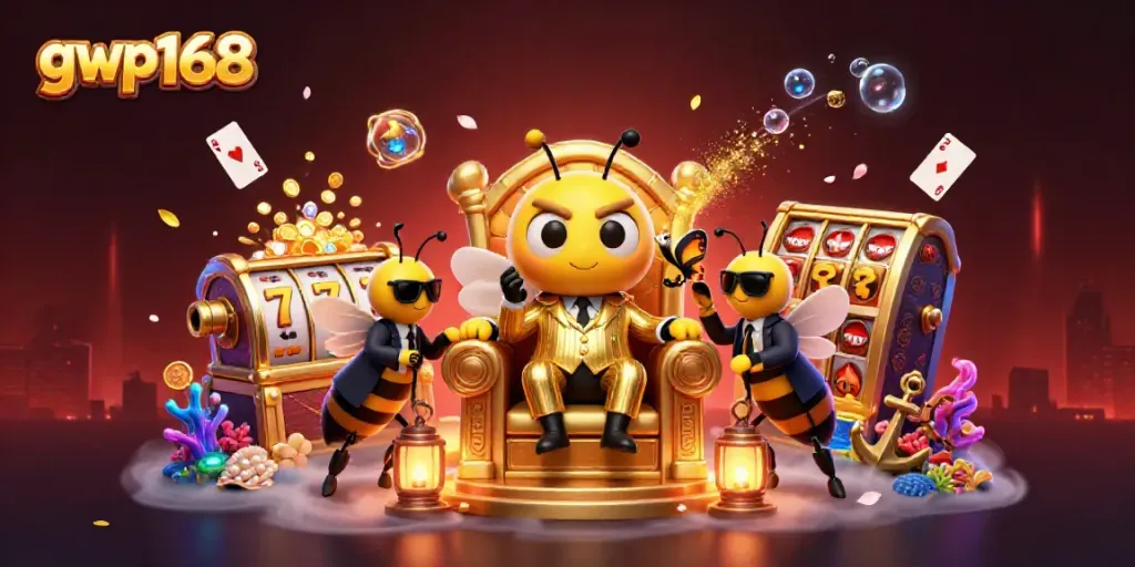 gwp168 mengungkap jackpot dengan mesin slot berkilauan di tengah ilustrasi yang kaya warna