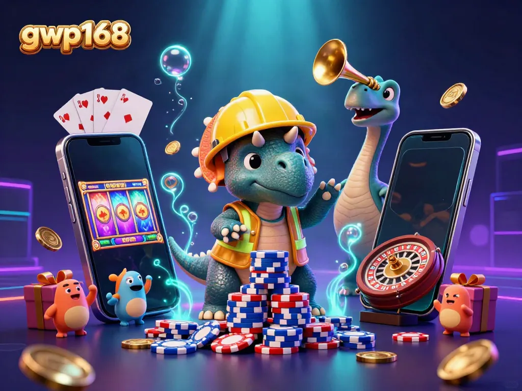 GWP168 memperlihatkan triceratops menciptakan tumpukan chip poker di dunia kasino yang ceria.