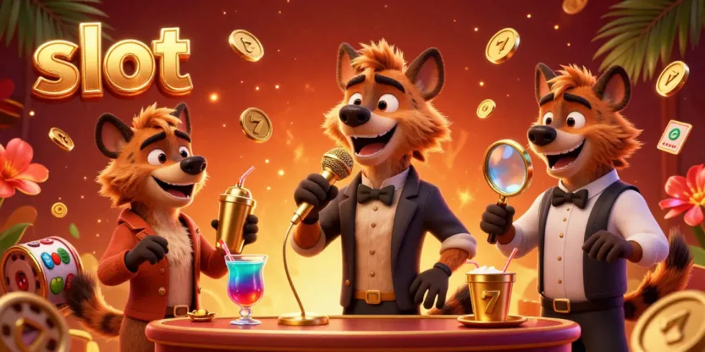 Hyenas running a comedy casino club featuring slot elements, lively atmosphere with colorful drinks and golden coins.
