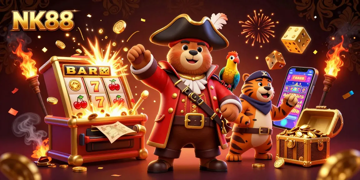 Experience the excitement of NK88 with vibrant casino elements and engaging characters in a dynamic 3D scene.