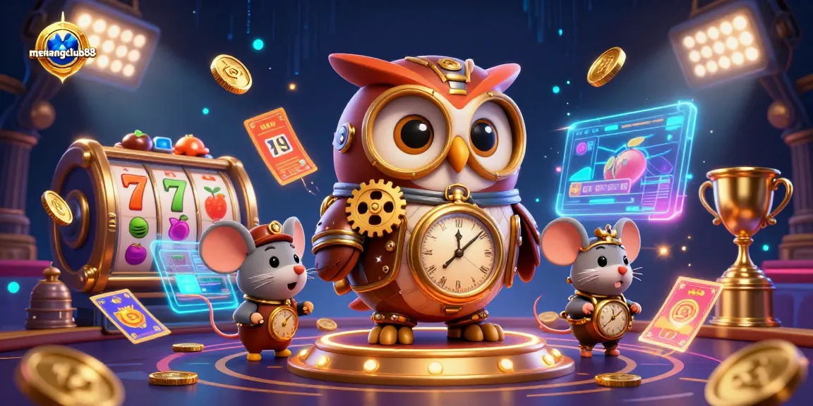 Engage in legendary adventures with Menangclub88, featuring a time-traveler owl in a vibrant casino world.
