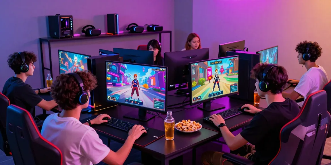 Friends enjoying a 3D hentai game in a vibrant gaming lounge with PCs and snacks.
