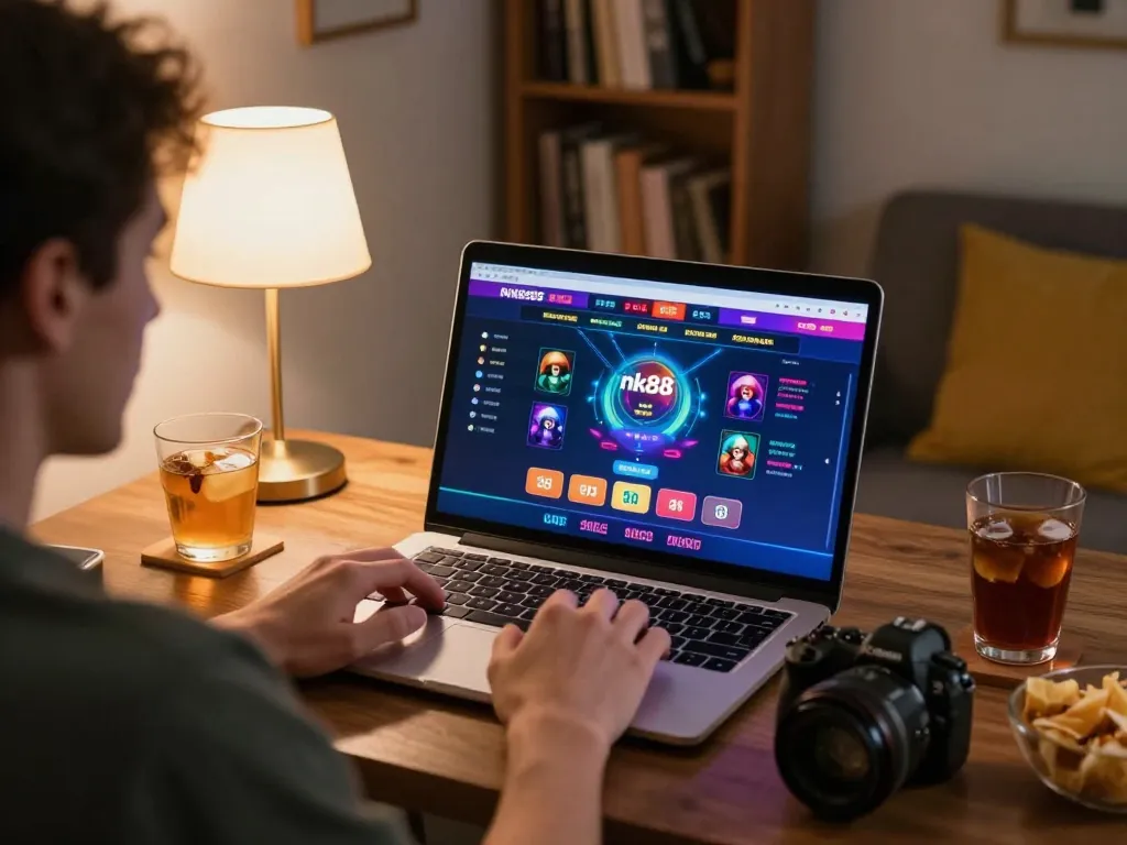 Engaging player exploring nk88 online casino interface at home, focusing on dynamic gameplay
