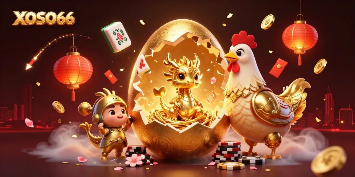 XOSO66 reveals a golden dragon on poker chips amidst festive casino elements like lanterns and fireworks.
