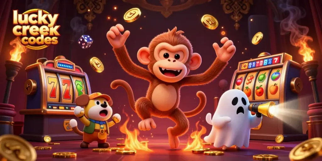 Play with lucky creek bonus codes and win, as a mischievous monkey juggles golden prizes in a haunted casino.