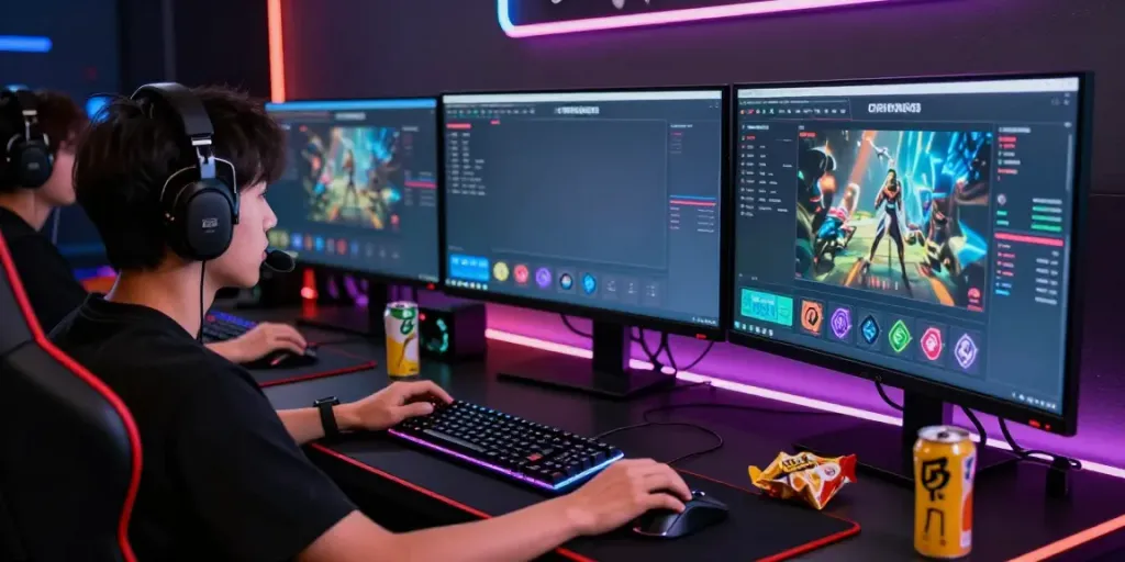 Engaged gamer playing on ORION88 platform with colorful LED lights.