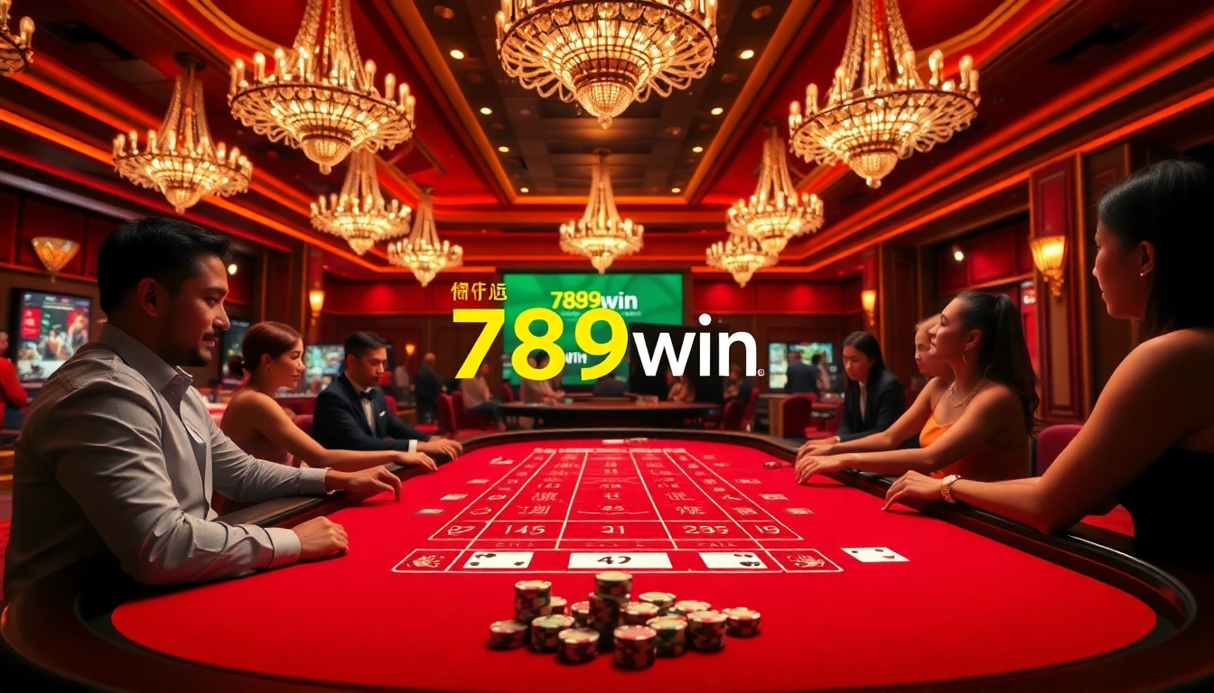 Players enjoying a thrilling casino experience with 789win, featuring vibrant gambling elements.
