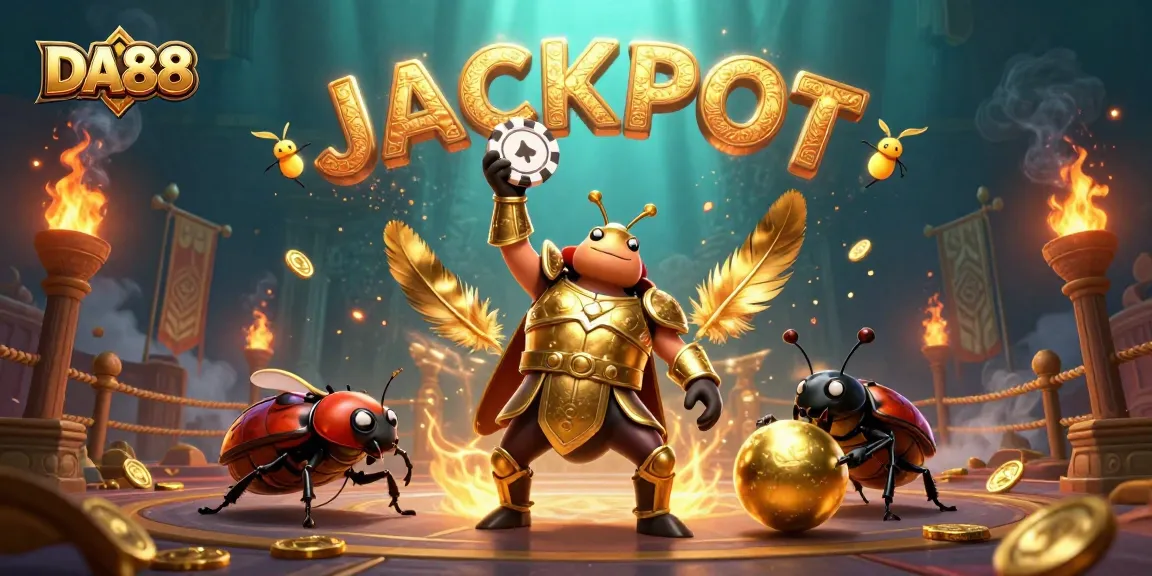 Engage with DA88 as a victorious beetle showcases poker skills in a vibrant casino setting.