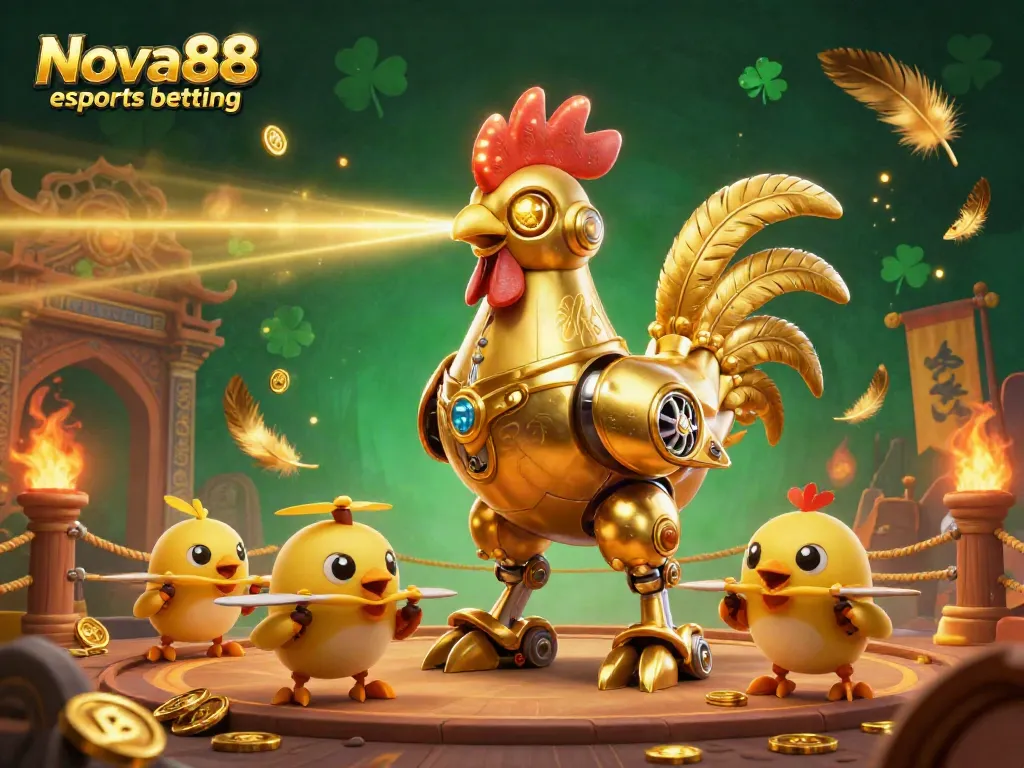 Engage in Nova88 esports betting with this vibrant 3D illustration showcasing competitive gaming elements and robots.