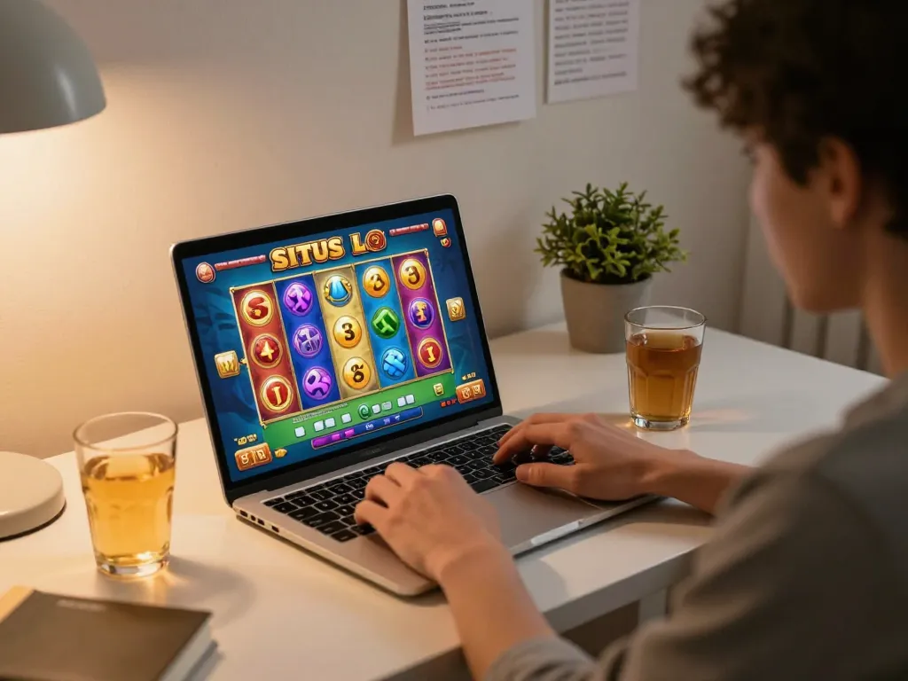 situs slot mahjong engaging gameplay in a cozy home setting with laptop and vibrant slot game interface