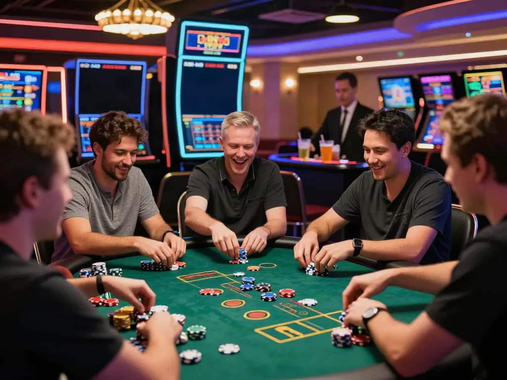 Exciting akunjp online gambling scene with players and neon lights