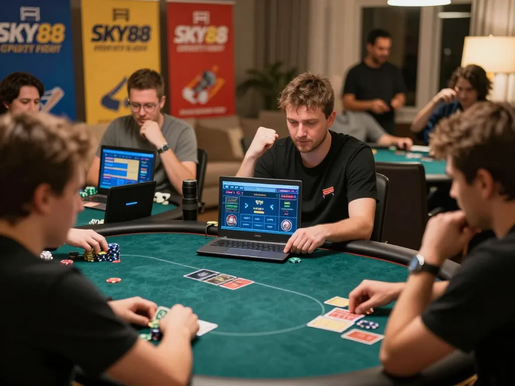 Players engaged in an online poker tournament with SKY88 banners, showcasing excitement and strategy.