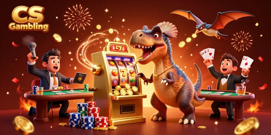 CS Gambling in action as a pachycephalosaurus strikes a golden slot machine, surrounded by vibrant casino elements and excitement.