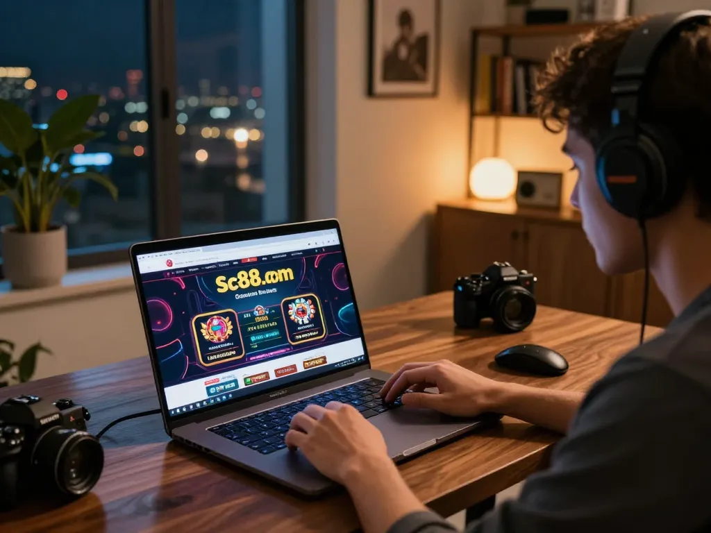 Experience exciting gameplay on sc88.com with a stylish home gaming setup, laptop open and focused.