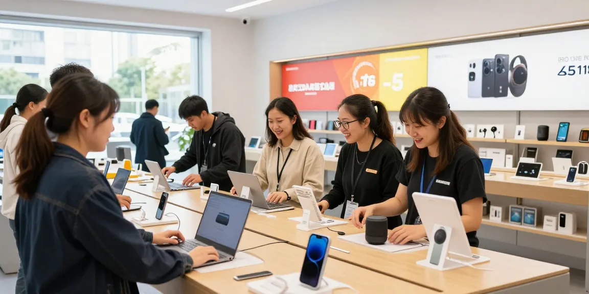 Customers exploring interactive displays and tech gadgets at AA88.com retail store.