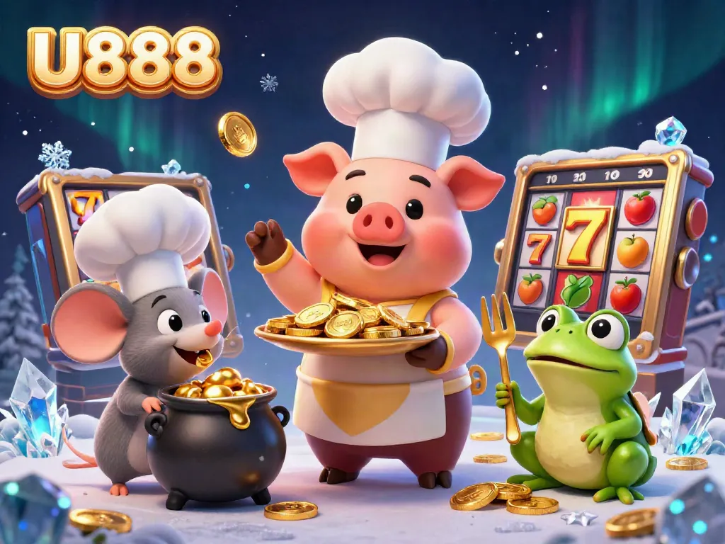 U888 captures the thrill of casino slots with gold coins, gourmet dishes, and iconic game symbols.