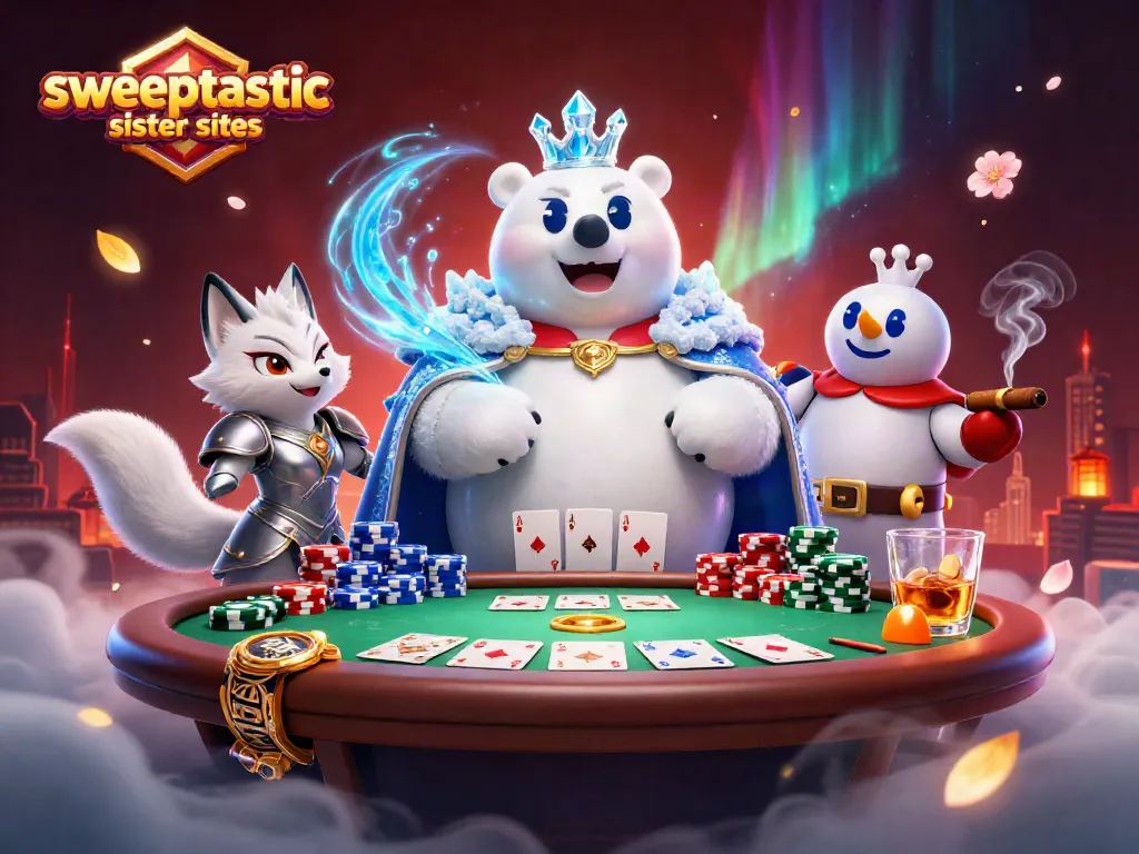 Sweeptastic sister sites inspire excitement at this dynamic poker scene featuring a polar bear and snow fox.