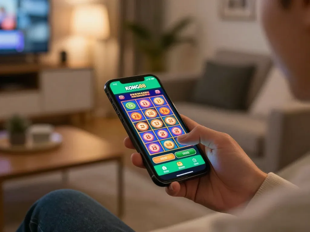 KONG88 player engaging in exciting mobile casino gameplay from a cozy home setting