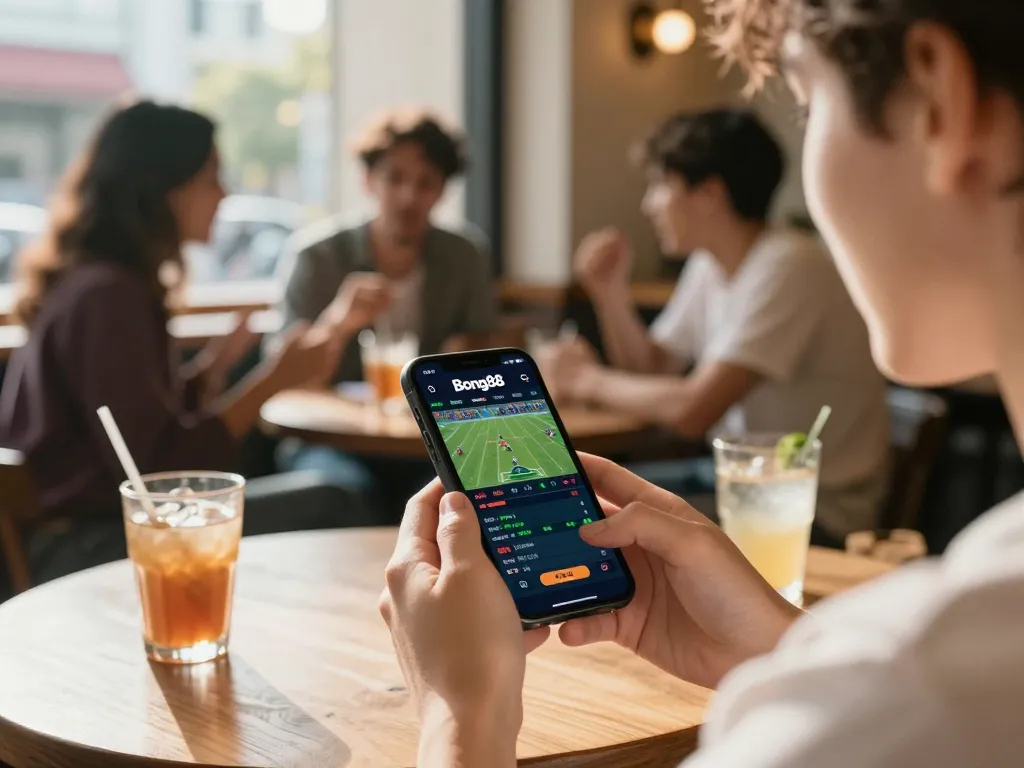 Bong88 user placing bets via mobile app, enjoying sports betting in a vibrant café setting.