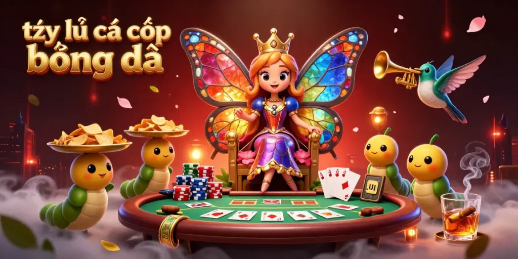 Experience the enchanting world of tỷ lệ cá cược bóng đá with a lively illustration featuring a butterfly queen and poker elements.